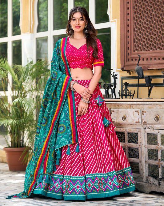 Pink Color Tussar Silk laheriya Printed Navratri Lehenga Choli