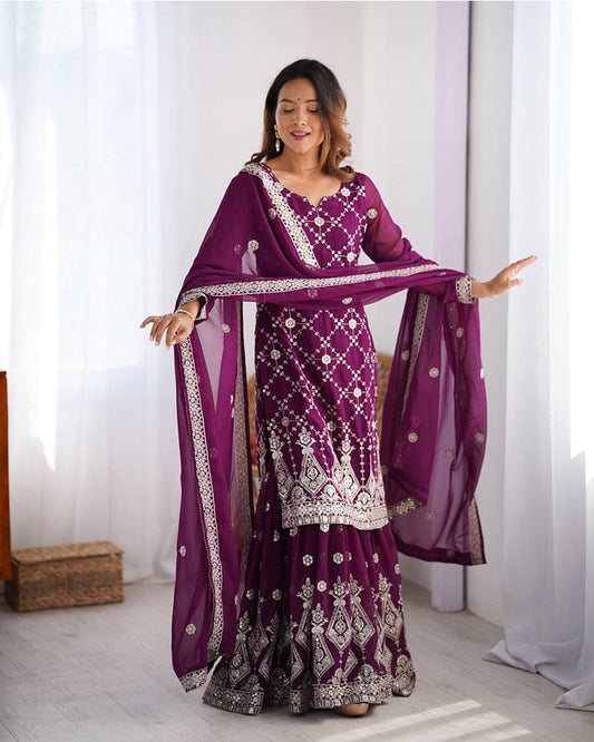 Wine Color Faux Georgette Sharara Suit