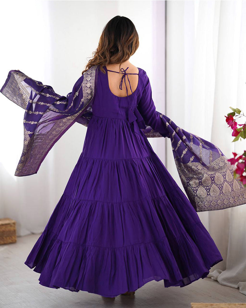 Purple Color Pure Roman Silk Ruffle Style Anarkali Suit