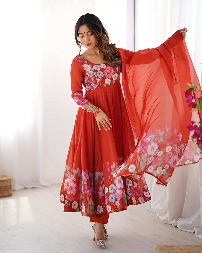 Rust Color Floral Print Organza Three Piece Anarkali Suit