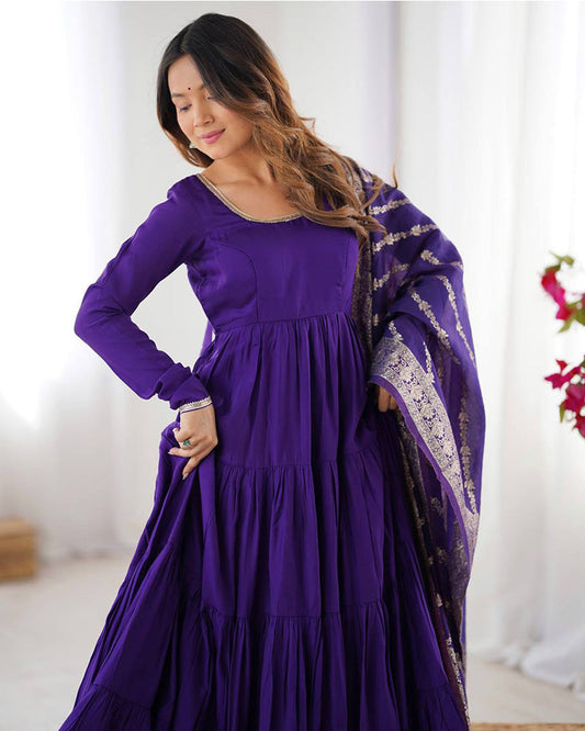 Purple Color Pure Roman Silk Ruffle Style Anarkali Suit