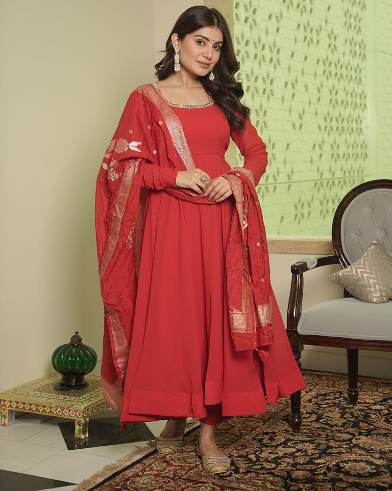Red Color Georgette Anarkali With Dyable Jacquard Dupatta