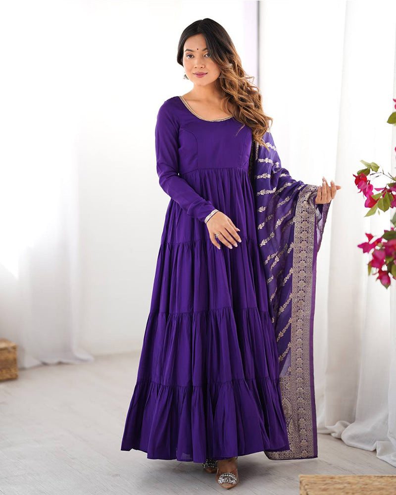 Purple Color Pure Roman Silk Ruffle Style Anarkali Suit
