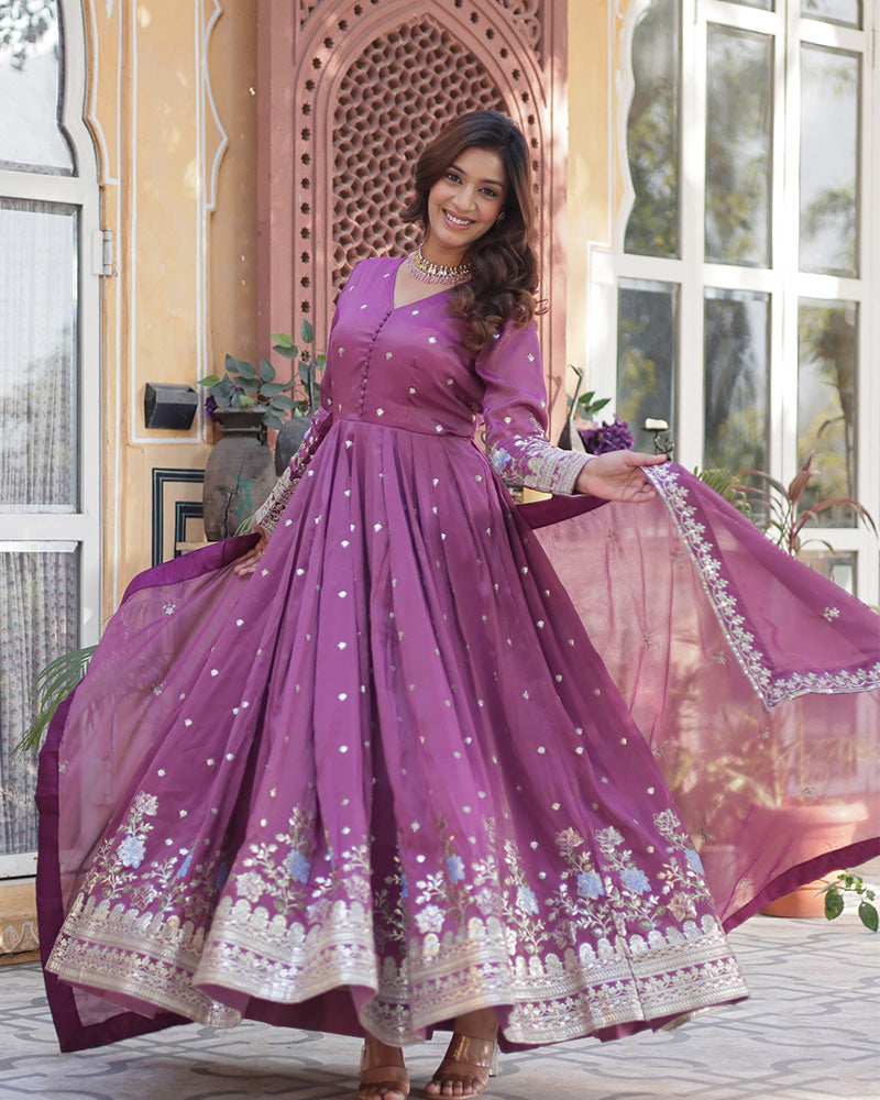 Onion Color Embroidered Viscose Cosmos Gown With Dupatta