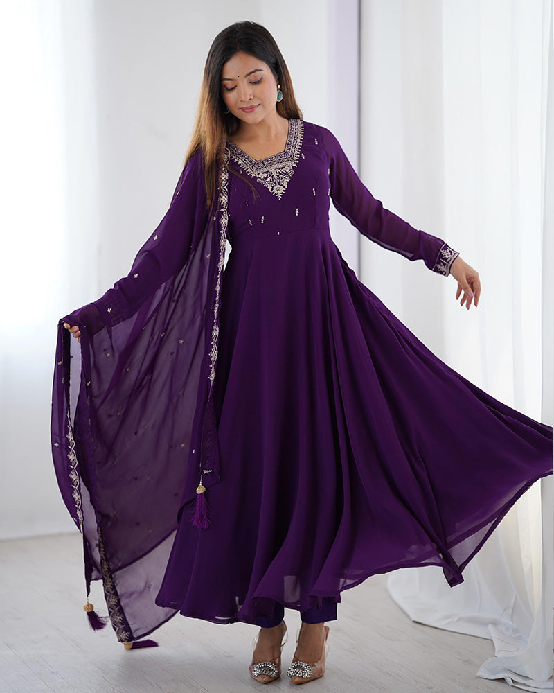 Purple Color Georgette Embroidered Three Piece Anarkali Suit
