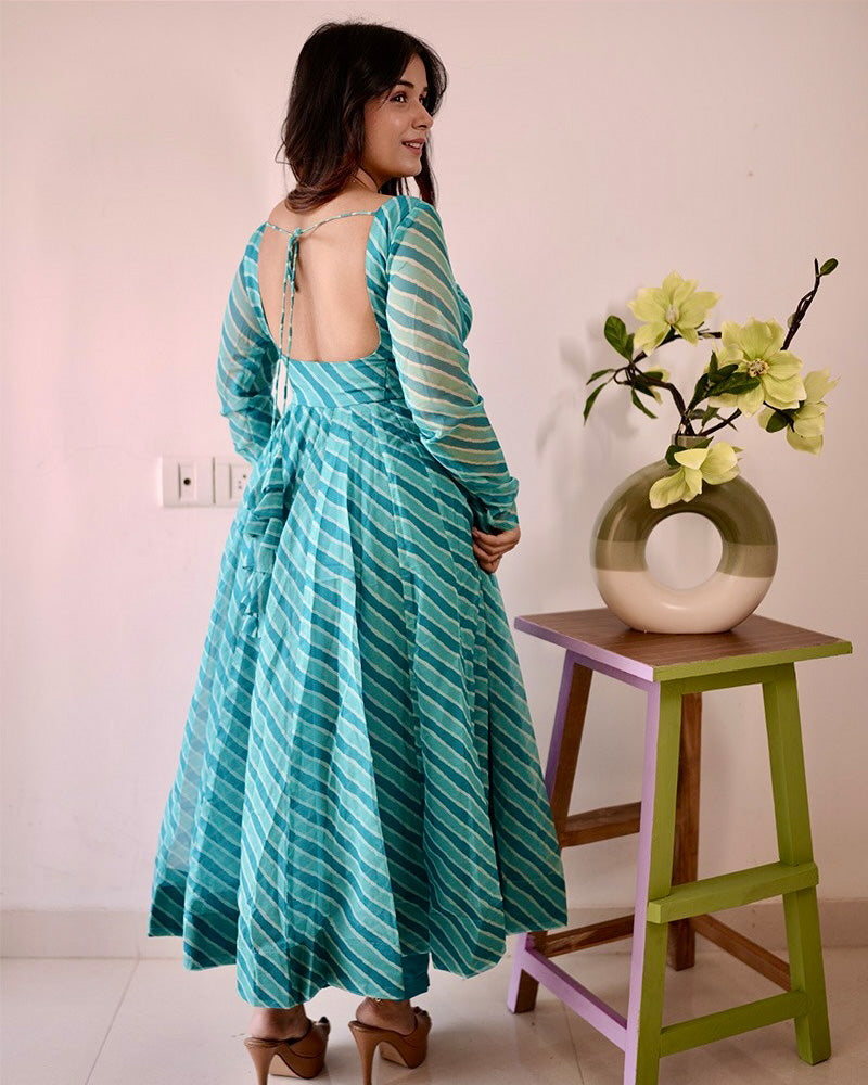 Firozi Color Laheriya Print Tabby Organza Anarkali Suit