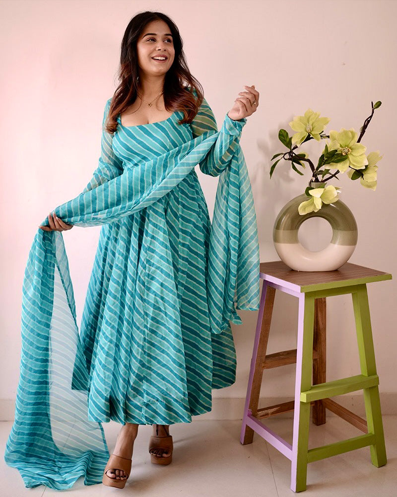 Firozi Color Laheriya Print Tabby Organza Anarkali Suit