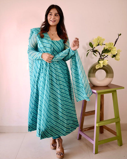 Firozi Color Laheriya Print Tabby Organza Anarkali Suit