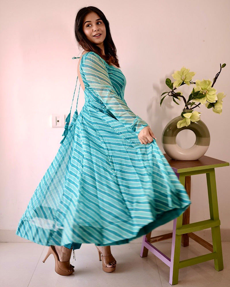 Firozi Color Laheriya Print Tabby Organza Anarkali Suit