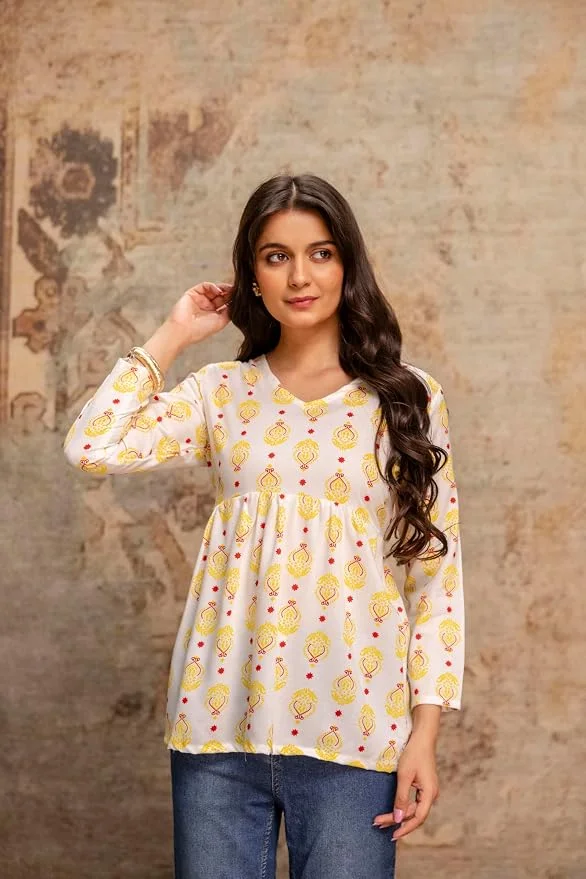 Women&amp;#039;s Rayon Printed Short Kurti | Trendy Casual &amp;amp; Work Wear Kurti | Women&amp;#039;s Rayon V Neck 3/4 Sleeves Printed Short Kurti for Casual Wear