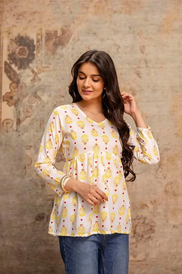 Women&amp;#039;s Rayon Printed Short Kurti | Trendy Casual &amp;amp; Work Wear Kurti | Women&amp;#039;s Rayon V Neck 3/4 Sleeves Printed Short Kurti for Casual Wear