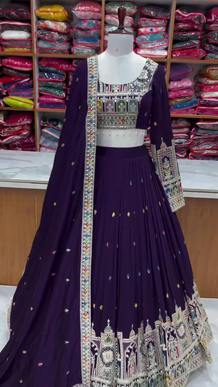 Women&amp;#039;s Chinnon Traditional Motiff Semi-Stitched Lehenga Choli With Dupatta Set