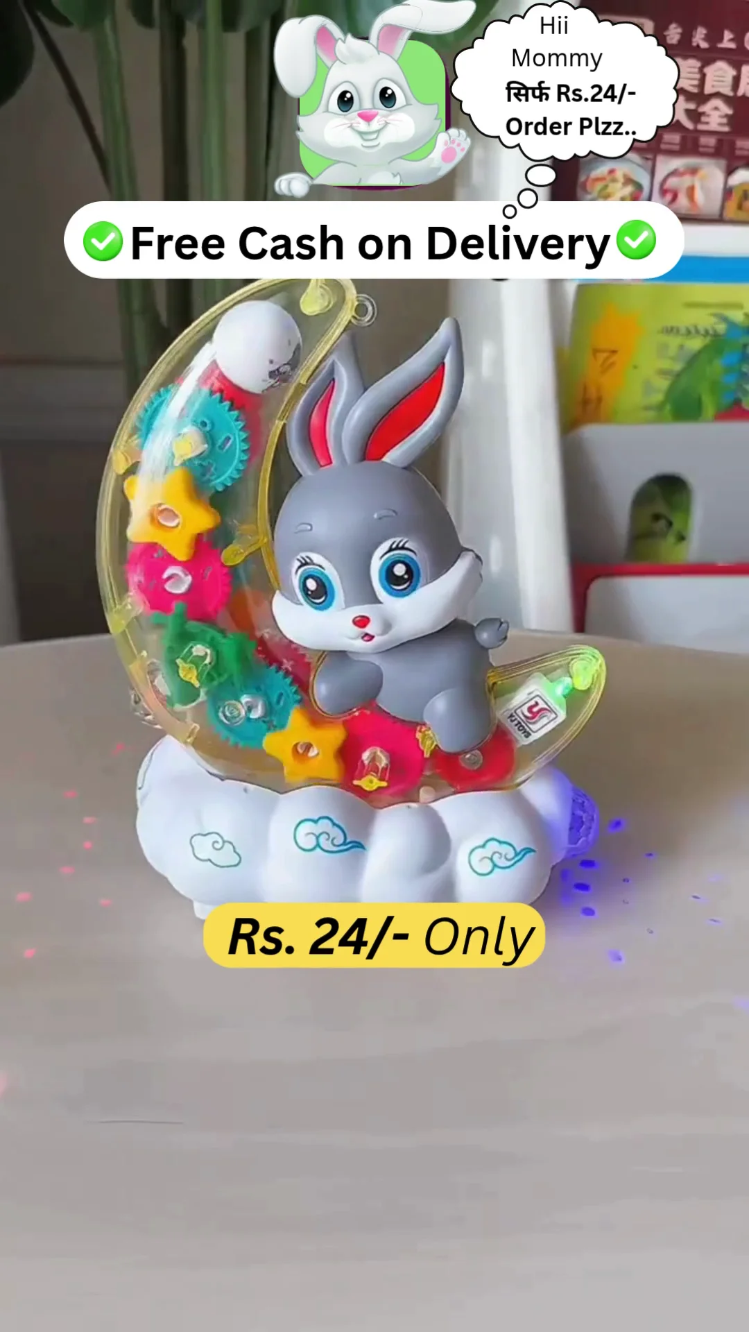 Rotating Transparent Gear Moon Rabbit Toy Car Durable Flashing Moon Rabbit Shaped Car Toy for Kids Christmas Birthday Gifts